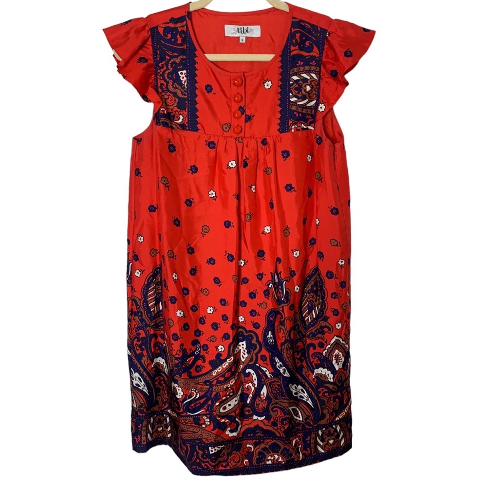 Tibi Red and Blue Ruffled Tiered Sundress